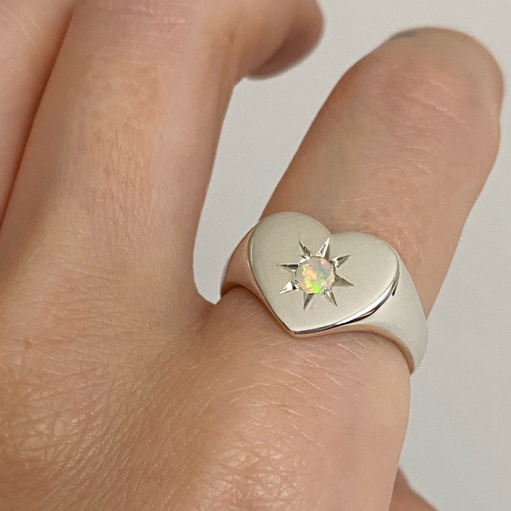 opal heart ring in silver